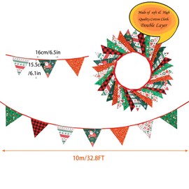 Zwiebeco 32Ft Red Green Christmas Pennant Banner Triangle Flags Fabric Bunting Garland Red-Black Plaid Checkered Cotton Flag for Xmas Birthday Wedding Christmas New Year Party Home Garden Decorations