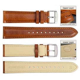 WOCCI 20mm Vintage Leather Watch Band for Men and Women, Silver Buckle (Gold Brown)