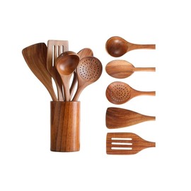 Zanetti - Juego de 5 Utensilios de Cocina de Madera de Teca con Vaso de Almacenamiento - Color Café