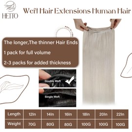 Hetto Weft Hair Extensions Human Hair Blonde Sew in Hair Extensions #60 Platinum Blonde Weft Extensions Remy Human Hair for Women 22inch 100g