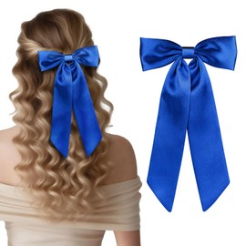 WantGor Long Tail Bow Hair Clips, Hair Ribbon Bows Satin Bowknot Clip Large Hair Barrettes Cute Ponytail Holder Hair Accessories for Women Daily Party Wedding Prom (Blue)