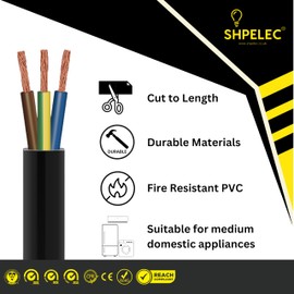 SHPELEC® FLEXIBLE Black Cable 3183Y 0.75mm, 1.0mm, 1.5mm, 2.5mm BASEC Approved Black PVC LED Lighting 5m 10m 15m 20m 50m (2.5mm 3 Core - 5metres)