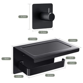 ACMETOP Acmetop Toilettenpapierhalter ohne Bohren Aluminium Klopapierhalter mit 17 cm Ablage, Selbstklebende WC Papier Halterung mit 2 Klebehaken Wandmontage Klorollenhalter fr Kche und Badzimmer Schwarz