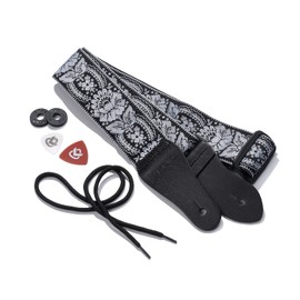 KLIQ Vintage Woven Guitar Strap for Acoustic and Electric Guitars + 2 Free Rubber Strap Locks, 2 Free Guitar Picks and 1 Free Lace | '60s Jacquard Weave Hootenanny Style | Flower Black/Silver Sunburst
