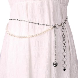 Urieo Pearl Waist Chain Belt Layered Silver Belly Chains Adjustable Bikini Beach Party Dress Chain Belts Body Jewelry for Women