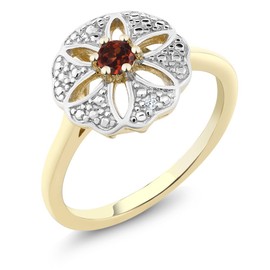 Gem Stone King 18K Yellow Gold Plated Silver Red Garnet and I Diamond Engagement Ring For Women | 0.12 Cttw | Round 3MM | Gemstone January Birthstone | Size 6