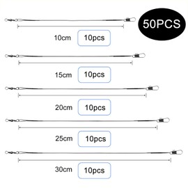 50 PCS Fishing Wire Leaders, 5 Size 10/15/20/25/30cm Fish Line Fishing Accessories with Rolling Swivels and Snaps, for Saltwater and Freshwater