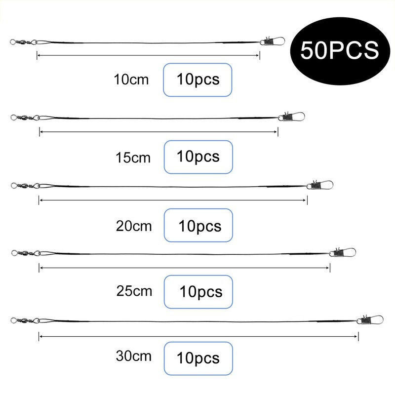 50 PCS Fishing Wire Leaders, 5 Size 10/15/20/25/30cm Fish Line