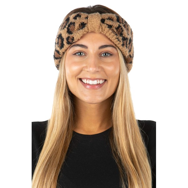 Funky Junque Ear Warmer Bow Turban Style Headband Headwrap - Leopard Latte