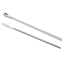 PZRT 304 Stainless Steel Coffee Stir Stick Iced Tea Spoon Cocktail Stirring Spoon Tea Spoon with Long Handle and Fruit Fork Dessert Fork Kit, Silver (1 x Spoon + 1 x Fork), 22cm