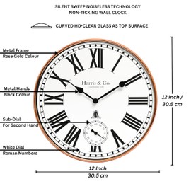HARRIS & CO. CLOCKMASTERS 12 Inch Premium Metal Analog Wall Clock with Sub-Second Dial (Rosegold, with HD Clear Curved Glass) (Silent Sweep Movement Technology)(Model Name - Fleet Street in Rose)