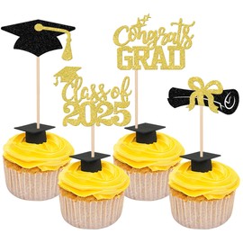 Cupcake-Topper 2022, 24 Stück, glitzernd, Klasse von 2022, Diplom-Congrats Grad Cap 2022 Graduation Theme Party Kuchen Dekorationen Supplies Gold