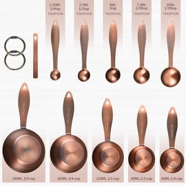 Copper Plated Measuring Cups and Spoons Set,With 5 Copper Measuring Cups and 5 Copper Measuring Spoons and Measure Ingredient Leveler and Rings(copper)