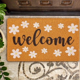 Tinideya Decorative Welcome Door Mat with Rubber Washable Non Slip Backing Coir Mat for Porch Entry Staircase Bathroom Decor, 18" x 30"(Daisy)