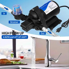 TDRRICH 110V AC Water Pressure Pump for RV,3-Chamber High Power Camper Water Pump with Filter Power Plug,5.0GPM 70PSI Electric Self Priming Inline On Demand washdown Water Pump for Marine Yacht Garden