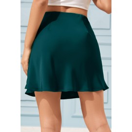 Mist Azur Women's Elegant Silky Satin Mini Skirt High Waist Ruffle Bias Cut Short Skirt Leopard Print Mini A Line Skirts for Women 7805 (Green，2XL