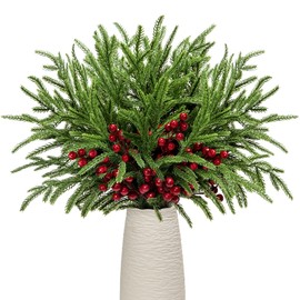 Norfolk Pine Branches Red Berry Stems 17" Artificial Christmas Greenery Picks Fake Pine Needles with Holly Berries for Xmas Tree Filler Decorations Festival Holiday Vase DIY Garland Craft (8, Green)