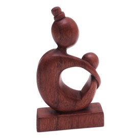 NOVICA Artisan Handmade Wood Sculpture Suar Mother Child from Bali Brown Indonesia People Portraits Family [9.5in H x 5in W x 1.6in D] ' Mother' S Arms'
