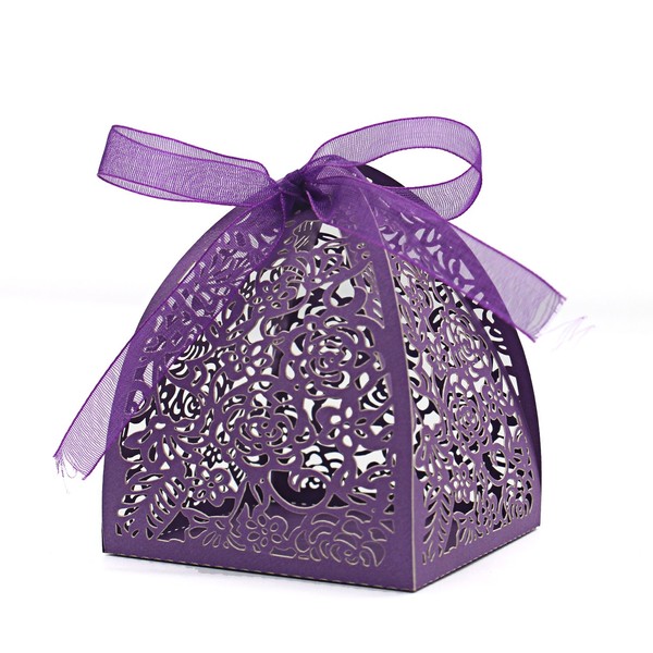 KPOSIYA Pack of 100 Laser Cut Rose Candy Boxes, Favor Boxes 2.5"x 2.5"x 3.1", Gift Boxes Bridal Shower Anniverary Birthday Party Wedding Favor (100,Purple)