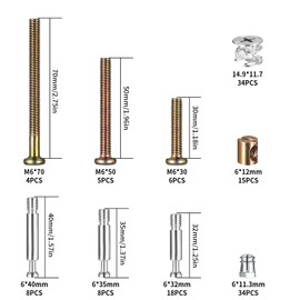 132 Piece 3-in-1 Furniture Connector Screws Set, M6 Furniture Screws with Dowels, Cabinet Connectors, Worktop Connectors, Furniture Mounting Screws Body Connector with Cylinder Nuts, Cabinet Screws