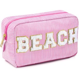 Cosmetic Bag Organizer Travel, Compact Lightweight Accessory for Travel and Daily Use - Sanwuta Seersucker Beach Chenille Letter