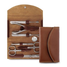 nippes Solingen Classic Premium Manicure Set, 7 Pieces, Genuine Cowhide Leather Nail Case, Brown, Stainless Steel, Nickel and Rustproof, Nail Set, Nail Care Set, Made in Solingen/Germany
