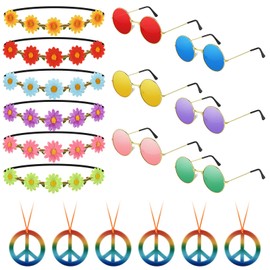NEBURORA 18Pcs Hippie Costume Accessories Set 60s 70s Hippie Costume Accessories Set Daisy Headband Peace Sign Necklaces Hippie Sunglasses Costume Supplies for Carnival Party