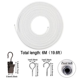 Curtain Wire 6 Meter White Plastic Coated Window Curtain Wire Wall Decor Picture Hanging Kit with 10 Curtain Clips 10 Pairs of Screw Eyes and Hooks for Net Curtain Rods Clothesline Hanging Decor
