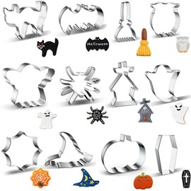 Juego de 12 cortadores de galletas de Halloween, diseño de calabaza, fantasma, murciélago, gato, cráneo, araña, escoba, ataúd, zombi, formas de sombrero de bruja - cortador de bizcochos pequeño de