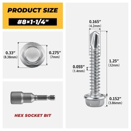 100-pack #8 x 1-1/4" Hex Washer Head Self Drilling Screws, Rust-Resistant 410 Stainless Steel Sheet Metal Screws, Includes Bit