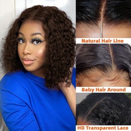 Glueless Wigs Human Hair Pre Plucked Pre Cut, Short Curly Deep Wave Lace Front Wigs Human Hair, 180% Density Wear and Go Glueless Bob Wig Human Hair for Women 12 Inch Chocolate Brown
