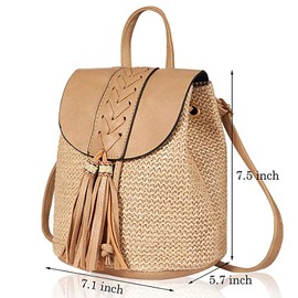 Anopo Small Straw Backpack for Women Summer Handmade Woven Beach Bag Bookbag Daypack Wicker Purse Bohomian Drawstring Shoulder Bag-B Fringed-Khaki