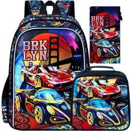 UFNDC 3PCS Boys Racing Car Backpack, Kids Bookbag with Lunch Box, Water Resistant School Bag for Elementary Preschool Toddler