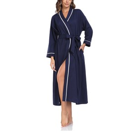 EA'S SECRET 100% Cotton Robes for Women Lightweight Long Kimono Bathrobe Soft Ladies Loungewear with Pockets, Navy Blue, X-Large