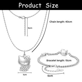 FYFLYMT Kitty Pendant Gifts for Girls, 2-Piece Kitty Jewellery Set, Adjustable Kitty Charm Bracelet and Kitty Chain, Cartoon Diamond Necklace for Girls Gifts, Aluminium, No