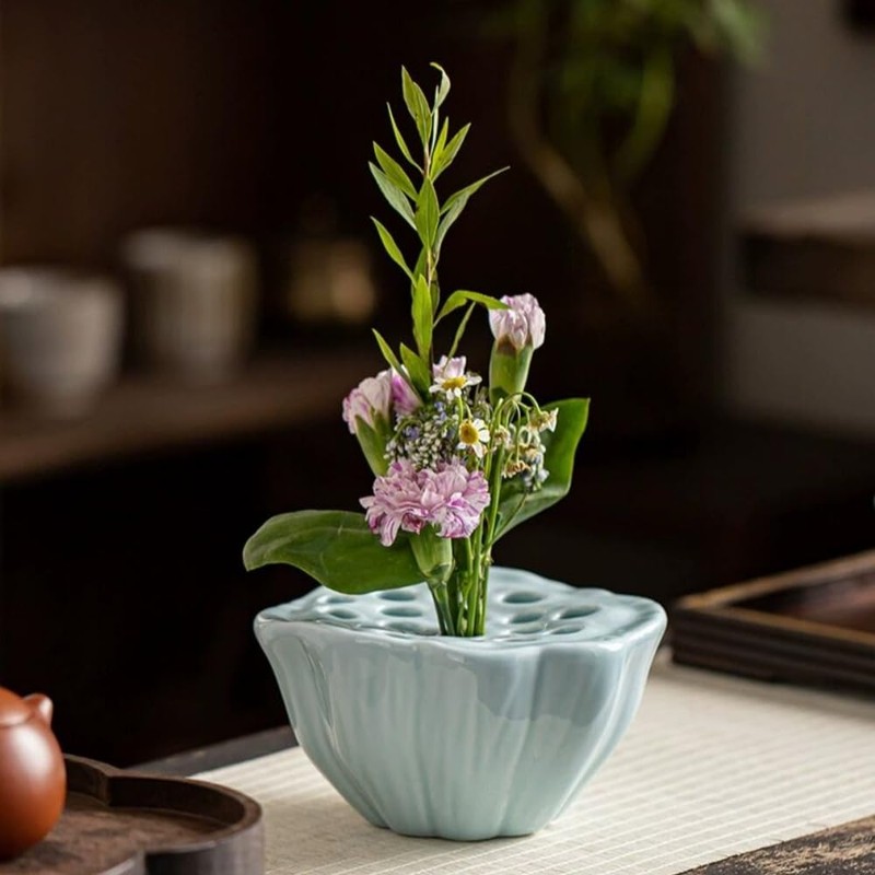 Lotus Shaped Flower Arrangement Vase Ceramic Flower Pot (Light Cyan)