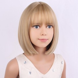 PATTNIUM Kids Blonde Wig Child Blonde Bob Wig Short Straight Mixed Blonde Bob Wig for Girls Cosplay Party Synthetic Rose Net Daily Wear Wig (Mixed Blonde)