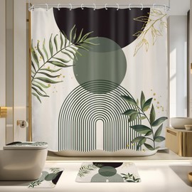 Mitpok 4 PCS Dark Green Boho 72Wx72H Shower Curtain Set Modern Mid Century Leaves Plant Bath Rug Toilet Lid Cover Nonslip U Shape Mat Quick Dry Rubber Backed Dirt Resistant Accessories Bathroom Decor