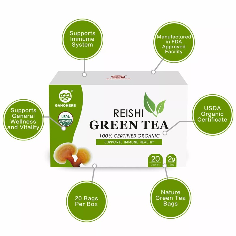 GANOHERB Organic Reishi Green Tea bags, 20 Counts
