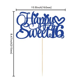 Decoración para tartas de 16 cumpleaños con purpurina para 16 años, decoración para tartas de 16 años, color azul oscuro