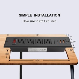 Recessed Power Strip with Type C 20W PD Fast Charge Desk Power Outlet 4 Outlets 2 USB and 1 USB C Built in Furniture Extension Power Plug for Dorm Office (Black)