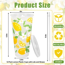 JarThenaAMCS 12Pcs Lemon Plastic Cups with Straw Lid Yellow Lemon Flower Tumbler Summer Cold Cups for Beverage Drinks Home Office Party Decoration