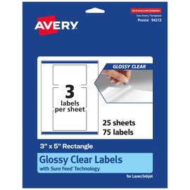 Avery Glossy Clear Rectangle Labels with Sure Feed, 3" x 5", 75 Glossy Clear Labels, Print-to-The-Edge, Laser/Inkjet Printable Labels