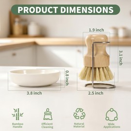 ÖKOSTAMM 6 PCS Bamboo Dish Brush Set - Natural Scrub Brush for Dish with Tray and Drain Holder, Wooden Dish Scrubber for Kitchen Cleaning Dishes, Pots, Pans and Vegetables (6)