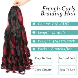 French Curl Braiding Hair, 12 Inch Curly Braiding Hair 8 Packs Bouncy French Curl Crochet Braids for Black Women Pre Stretched Loose Wavy Extensions (P1B/BUG, 12Inch)
