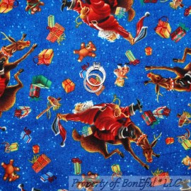 Elizabeth's Studio BonEful FABRIC FQ Cotton Quilt VTG Blue Red Santa Cowboy Toy Reindeer Snowflake