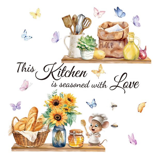 GEBETTER Kitchen Wall Stickers This Kitchen is Seasoned with Love Wall Art Decals Multicolor Kitchen Food Wall Art Stickers for Dining Baking Kitchen Wall Decorations