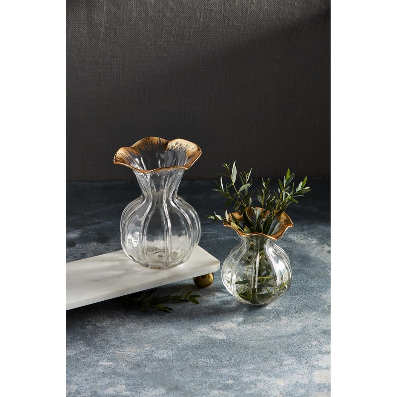 Mud Pie Ruffled Gold Glass Vase, Large, 7 1/2" x