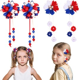 HIFANMM Flower Hair Clips for Girls, 4pcs Pearl Hair Bows Hair Accessories Tassels Pearl Hair Clip Hairpins Baby Hair Alligator Barrettes (4. Independence Day Flower)