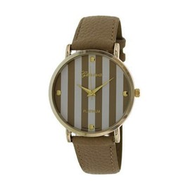 Geneva Platinum 12973212 Women's Faux Leather Stripe Watch-BEIGE/WHITE